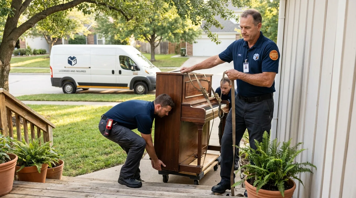 Licensed piano movers securing grand piano in Savage, MN