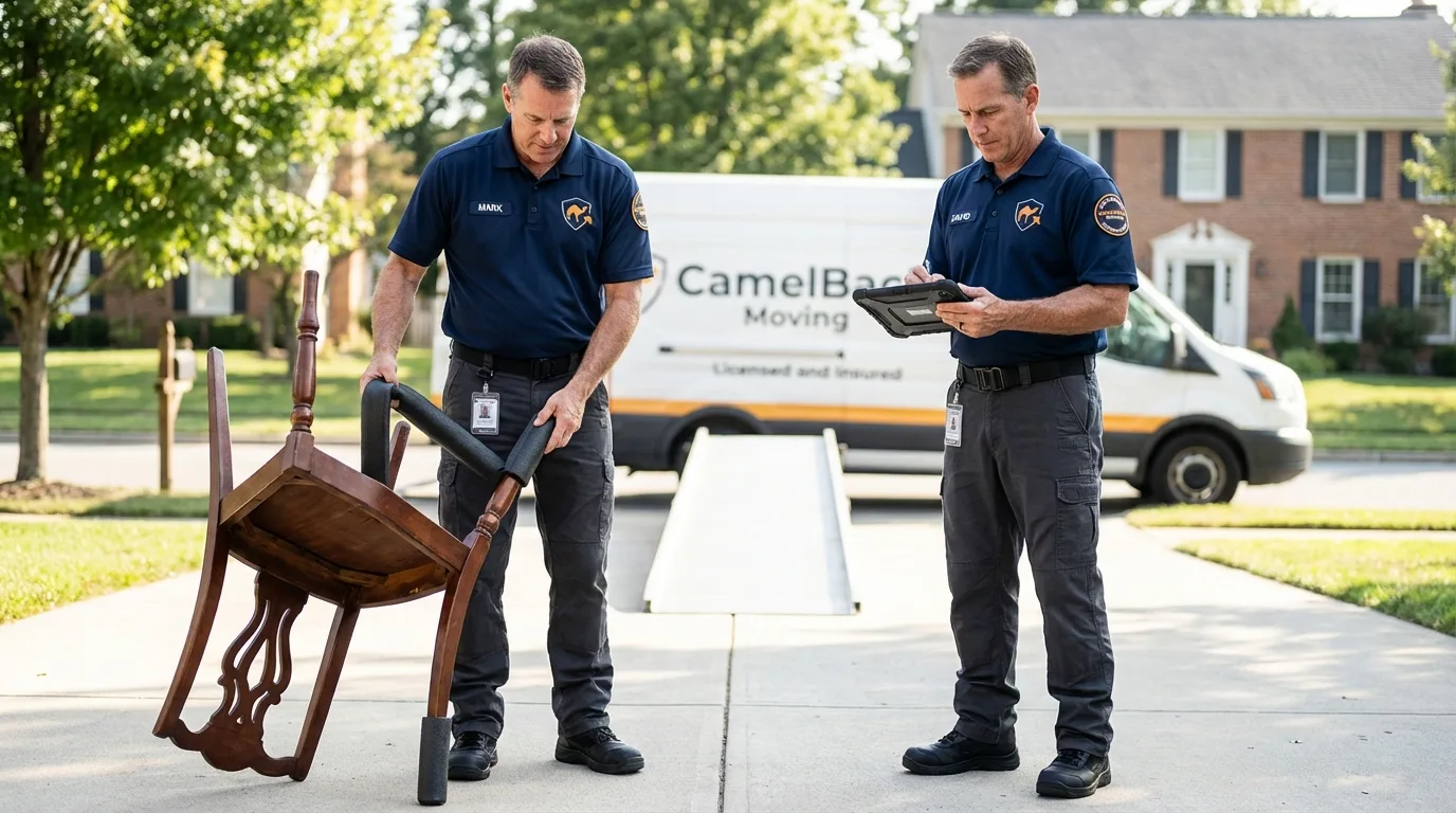 Movers inspecting furniture for damage prevention before loading in Savage, MN