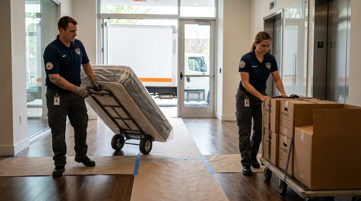 Professional apartment movers loading elevator in Savage, MN